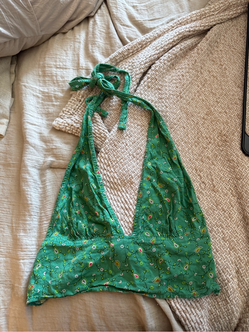 Green Halter Crop Top with Floral Print